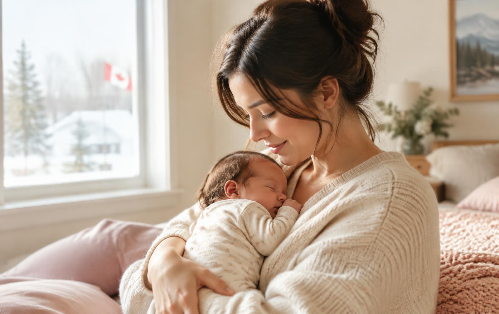 A new mother holding her sleeping newborn in a bright Ontario home